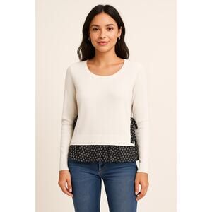 LOFT Women’s White Waffle Knit Navy Floral Sweater Chiffon Tie Sides Size S Boho